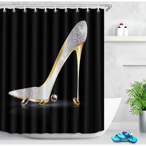Gold Crystal High Heels Pattern Shower Curtains Fashion Diamonds on the Black Bathroom Waterproof Fabric for Girl Bathtub Decor