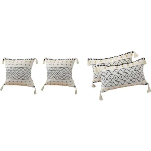 Throw Pillow Covers Natural Cotton Hand-Woven Tufted Tassel Decorative Lumbar Pillowcase for Sofa Farmhouse 2 PCS