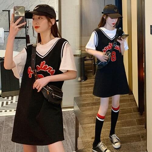 6061# T shirt + Dress Maternity Clothes Loose Stylish Letter Short Sleeves Dress for Pregnant Women Mom Dress
