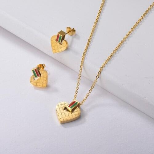 Baoyan Fashion Jewelry Set Red Green Enamel Pattern Heart Earrrings Necklace Set 18K Gold Plating Anniversary Jewelry For Women