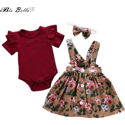 Summer Girls Clothes Sets Children Clothing Ruffled Short Sleeve Bodysuits+Suspender Skirts+Headband 3pcs Floral Girl Suits