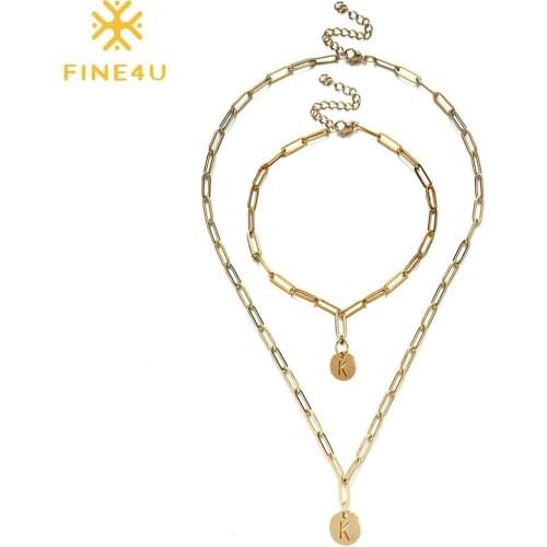 F4U J003 2PC/Set Initial Pendant Necklace and Bracelet Set Round Disc Letter Pendant Paperclip Chain Name Birthday Jewelry