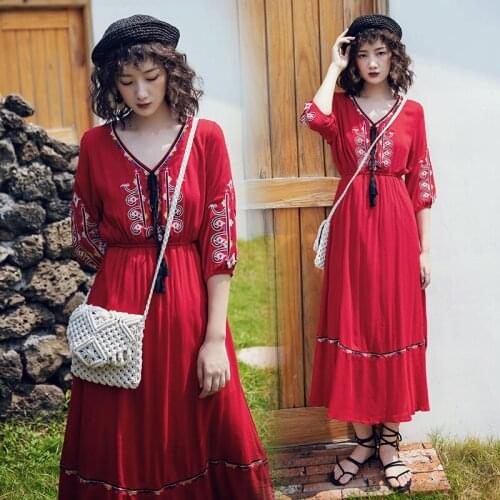 Long Red Women Embroidery Coton Dress Spring Summer Boho Ethnic Elegant Party Vacation Casual Dress Runway 2020 Beach Tropical