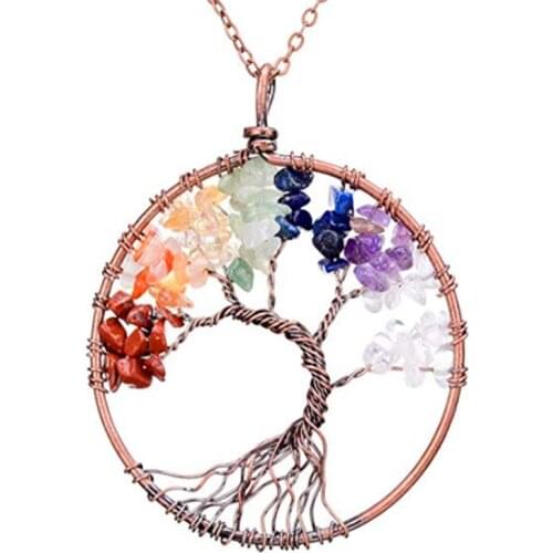 FYJS Unique Jewelry Copper Plated Wire Wrap Wisdom Tree of Life Pendant Colorful Rainbow Stone Necklace