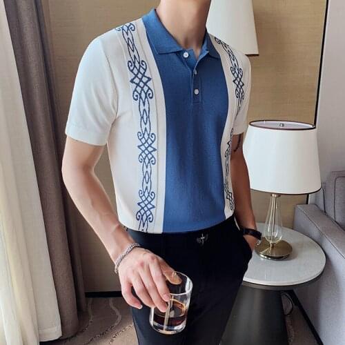 Contrast Chinese Style Color British Slim Lapel Maglietta Polo Uomo Hommes De Vêtements Mens Short-sleeved Knitted Polo Shirt