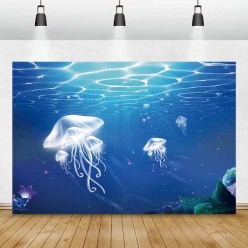 Laeacco Blue Seabed Background Dreamy Jellyfish Coral Nature Scenic Child Photocall Backdrop Photographic Aquarium Photo Studio