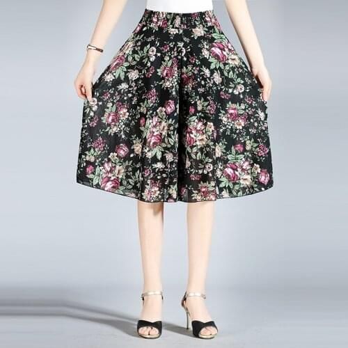 Summer Women Casual Loose Chiffon Elastic Waist Wide Leg Knee Length Skirt Pants Female Lady High Waist Middle Age Mother Pants