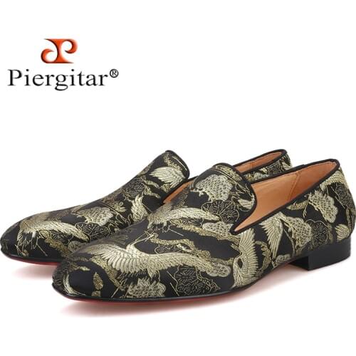 Piergitar brand 2019 gold black colors handmade men loafers crane jacquard design mens casual shoes smoking slippers plus size