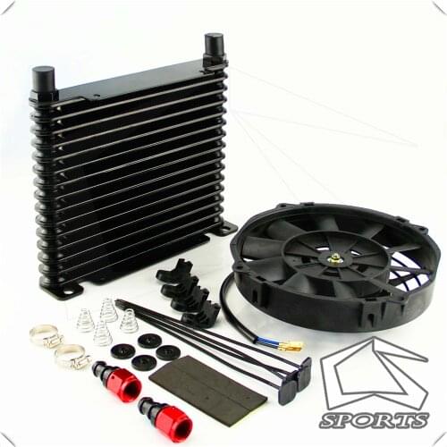 8-AN 32mm Aluminum15 Row Engine/Transmission Racing Oil Cooler +7" Electric Fan w/ Fitting Black