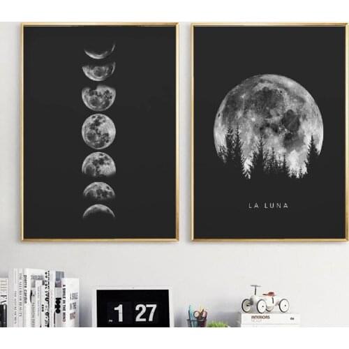 Minimalist Full Moon Poster Wall Art Black White Canvas Painting Phases Prints Solar System WallPicture Living Room Decoration