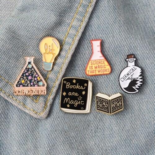 Science Enamel Pin Light Bulb Book Chemical Beaker Badge Brooch Lapel Pin Denim Jeans Funny Humor Jewelry