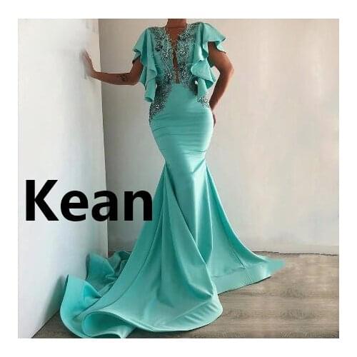 Sky Blue Evening Dresses Cap Sleeves V Neck Applique Mermaid robe de soiree Evening Gowns Prom Dress Vestidos De Festa
