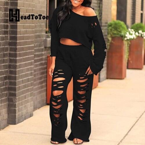 Straight Sexy Hole Solid Womens Sets Full Sleeve Slash Neck Two Pieces Set Women