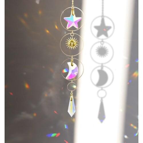 Crystal Windchimes Star Moon Pendant Handmade Sun Light Catcher Metal Rainbow Collection Hanging Crystal Prisms Home Decoration