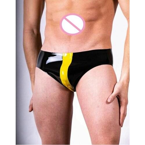 Handmade Sexy Men Black with Yellow Trim Latex Lingerie Shorts Rubber Underwear Panties