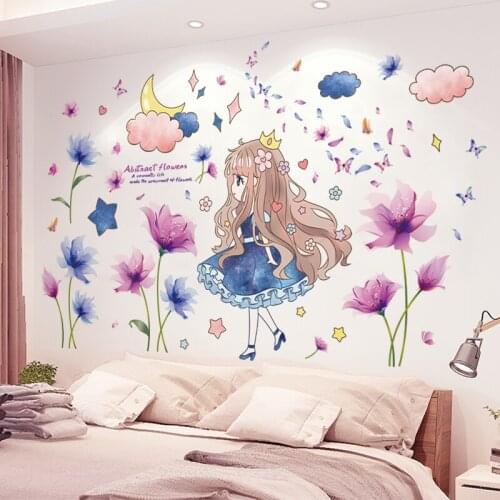 [shijuekongjian] Cartoon Girl Wall Stickers DIY Flower Plants Wall Decor Decals for Kids Room Baby Bedroom Dorm House Decoration