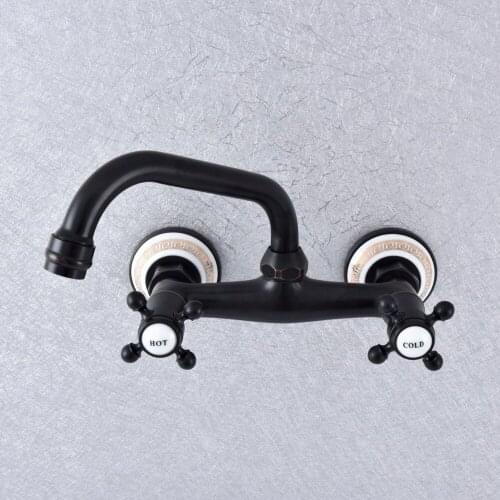 Kitchen Wet Bar Bathroom Vessel Sink Faucet Black Oil Rubbed Brass Wall Mounted Swivel Spout Mixer Tap Dual Cross Handles msf732