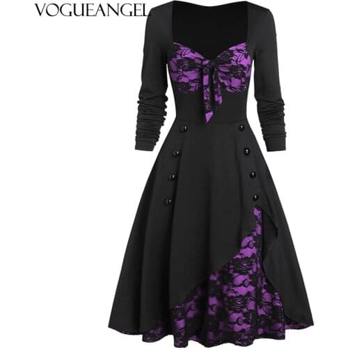 GothicDress Vintage Midi Dress Black Lace Patchwork Long Sleeves Goth Dress Women Punk Rock Button Bow V Neck Plus Size Sexy