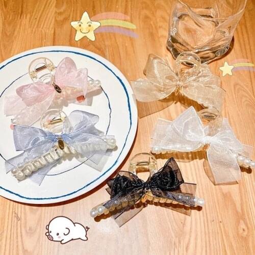 Korea Net Yarn Bow Gentle Fairy Rhinestone Pearl Catch Clip Korea Hair Accessories Hair Catch Clip Hairpin Shark Clip