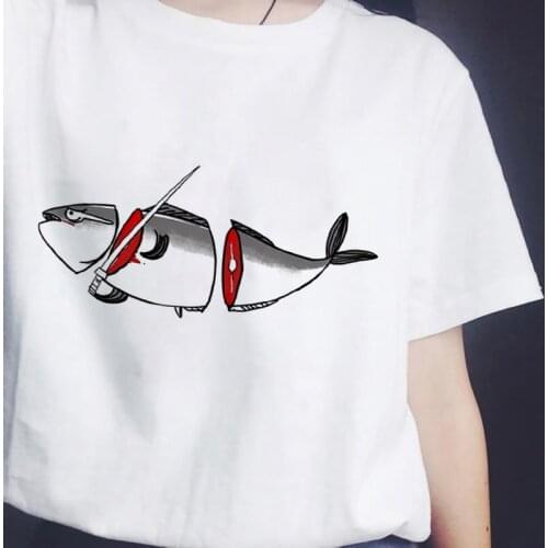 Female T-shirt cartoon fish Japanese Harajuku T-shirt white T-shirt kawaii tops female graphic T-shirt street clothing clothes