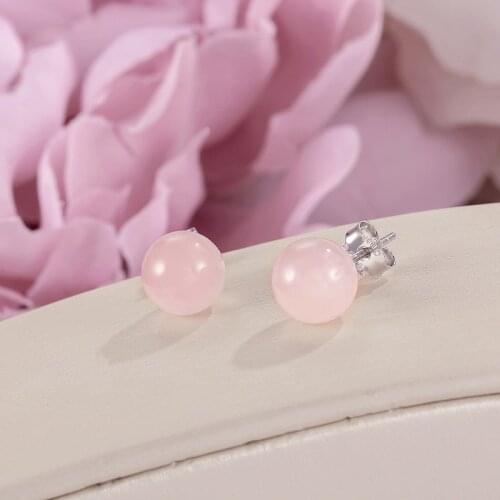 Fine Jewelry Stud Earring For Women Solid 925 Silver 100% Natural 8mm Rose Quartz Pink Gemstone Cute Lovely Brincos Party Gift