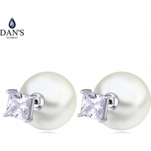 DANS ELEMENT Real Big Brand AAA Zirconia White Gold Color Simulated Pearl Fashion Ball Stud Earrings For Women 113762white