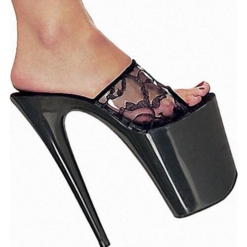 Clear lace Thin High heeled shoes 8 inches Womens Slippers Sexy Fetish Trend Big Size Party 20CM Open Toe Thick platform Models