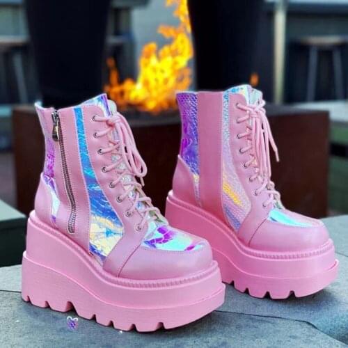 Winter Women Platform Boots Pu Leather Patchwork Chunky Heel Thick Sole Height Increasing Round Toe Zip Fashion Shoes Ladies