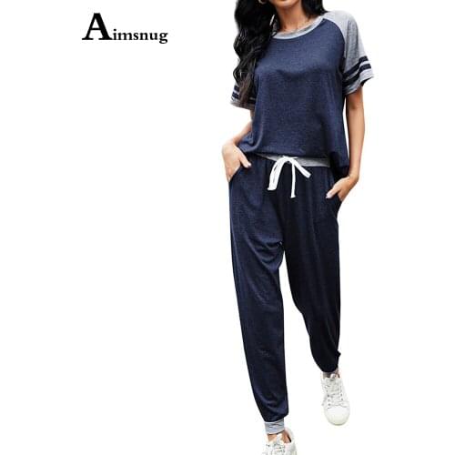 Lace-up Patchwork Women 2 Piece Set 2021 Summer Top Leisure Pants Set Ladies Short Sleeve Tracksuit Set Casual Home Suits Femme