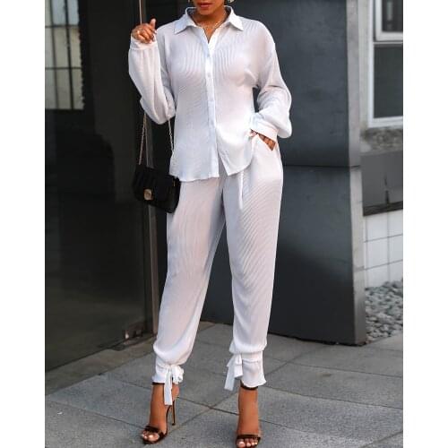 2020 Women Autumn Fashion Elegant Solid Turn-down Collar Tied Detail Buttoned Long Sleeve Ruched Top & Pockets Pants Set