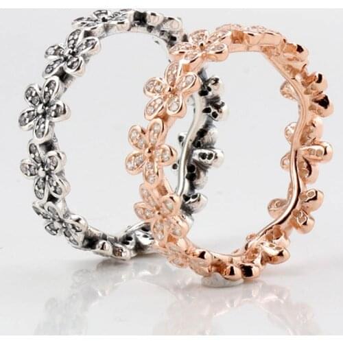 Original Rose Pave Dazzling Daisy Rings With Crystal For Women 925 Sterling Silver Ring Wedding Party Gift Fine Europe Jewelry