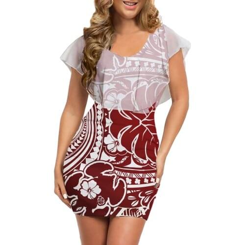 Hycool Custom Casual Summer White Mesh Sleeveless Mini Women Bodycon Dresses Polynesian Tribal Print Red Sexy Yarn Beach Dresses