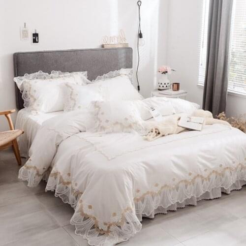 100% Cotton Korean White Lace Bedding Set King Queen Size Princess Wedding Bed Set Duvet Cover Bedspread Bed Skirt Pillowcase