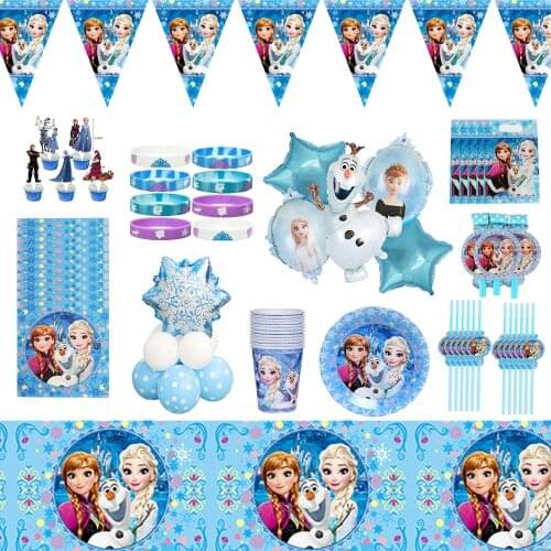 108pcs Disney Frozen Party Supplies Baby Shower Decor Girl Frozen Party Balloons Plates Napkins Gift Bag Tablecloth Straw Set