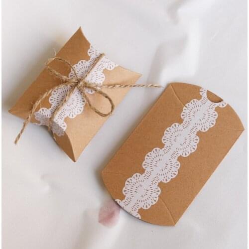50sets Lace Printed Kraft Pillow Box Wedding Birthday Party Treat Favor Candy Paper Box Small Gift Wrapping Supply