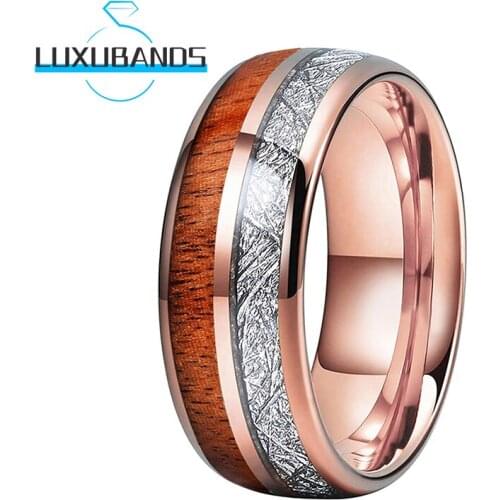 8MM Rose Gold Tungsten Wedding Bands For Womens Mens Wood Meteorite Inlay Two Grooves Polished Finished Comfort Fit
