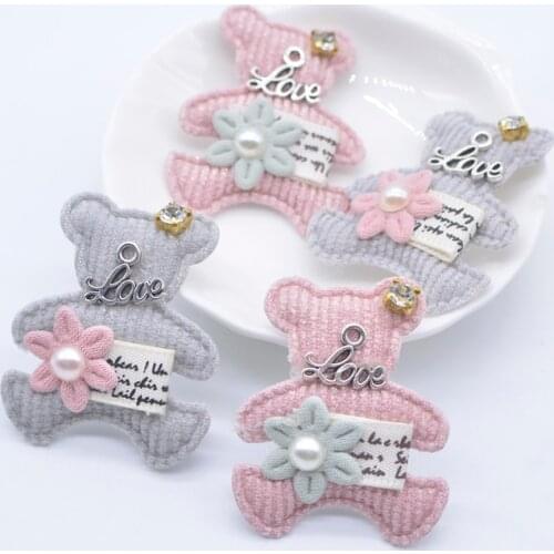 10Pcs 35*43mm Padded Cloth Bear with Pearl Bow Rhinestone Appliques for DIY Clothes Hat Leggings Headwear Shoes Sewing Patches