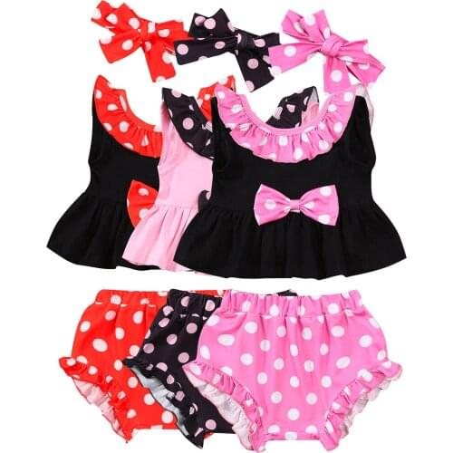 OPPERIAYA Baby Girls Three-piece Clothing Casual Set Round Collar Sleeveless Tops Dot Shorts Bow Headdress Summer Red Rosy Black