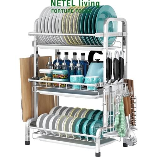 Kitchen shelf 304 stainless steel Silver dish rack storage over sink storage stand with Chopsticks,hooks,Cutting board rack