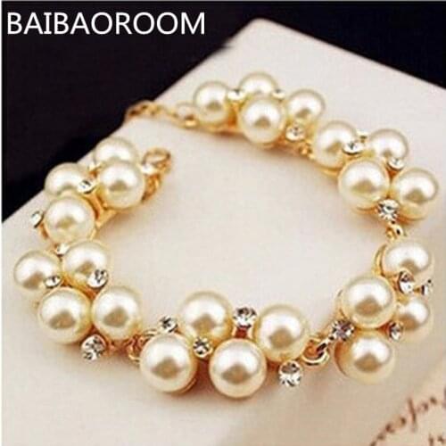 6pcs Fashion New Brand Design Luxurious Gold-color Charm Crystal Cubic Zircon simulated Pearl Beads Bracelet For Women