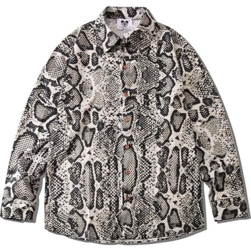 Spring Mens Vintage Loose Serpentine Printed Shirts Korean Style Long Sleeve Turndown Collar Oversized Shirt For Man Defacto