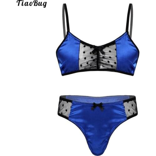 TiaoBug Men Gay Sissy Satin Lingerie Suit Underwear Sheer Mesh Patchwork Adjustable Spaghetti Strap Bra Tops With Briefs Thongs