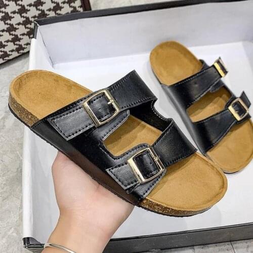 2021 non-slip durable beach sandals spring/summer leather double gold buckle women flip-flop leisure all-match slippers