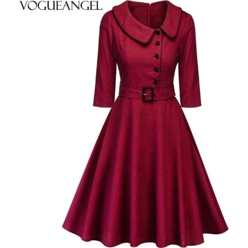 Autumn Winter Women Dress Plaid Check Print Vintage Party Dresses Cotton Rockabilly 3/4 Sleeve Belt A-Line Pin Up Vestido