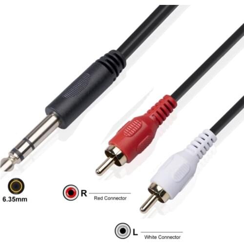Gold-plated 6.35 mm 1/4 inch male TRS stereo plug to 2 RCA Phono male audio Y splitter cable, connector cord plug (1.5 m)