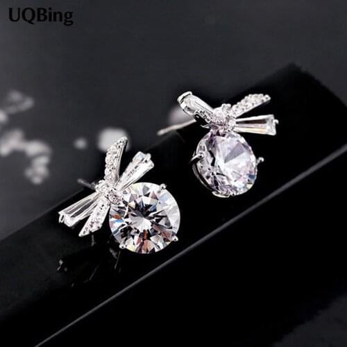 Beautiful Luxury Silver Color Cubic Zircon Bowknot Stud Earrings For Wedding Jewelry