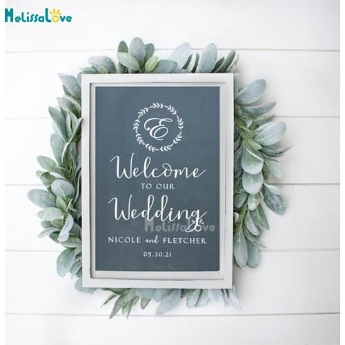 Wedding Sign Decal with Flower Wreath Custom Initial Name Date Welcome Mirror Sign Sticker Murals Removable Vinyl BD685
