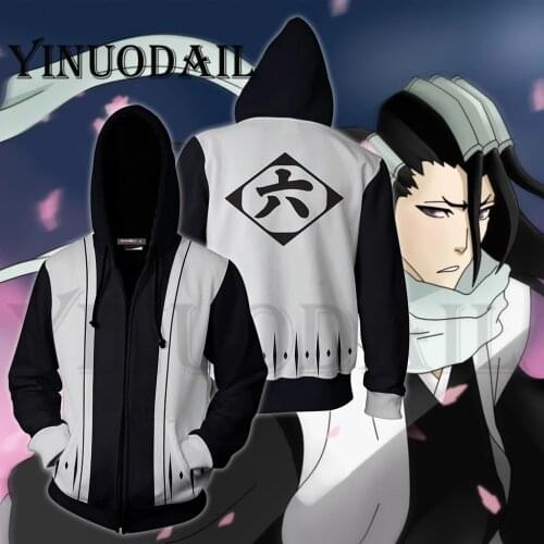 Men and Women Zip Up Hoodies Anime Bleach Hoodie Kuchiki Byakuya Squad 6 Captain Sweatshirt Cosplay Costumes Harajuku Streetwear