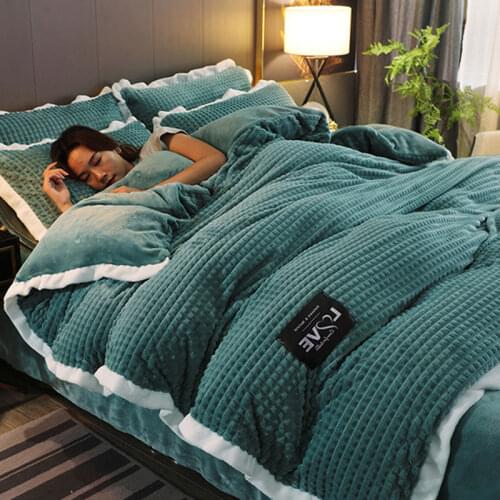 Milk Velvet Flannel 3d Grid 4pcs Bedding Set No Static No Decoloring For Winter Thicken Duvet Cover Pillowcase Solid Color 2020