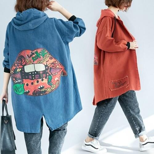 2020 Spring New Denim Trench Coat Large Size Cartoon Print Loose Cardigan Hooded Pocket Long Coat Female Windbreaker Outwear